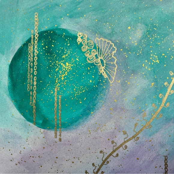 Abstract Original Watercolor Gold Leaf Floral Green & Purple Painting, 9x12 - Picture 11 of 12